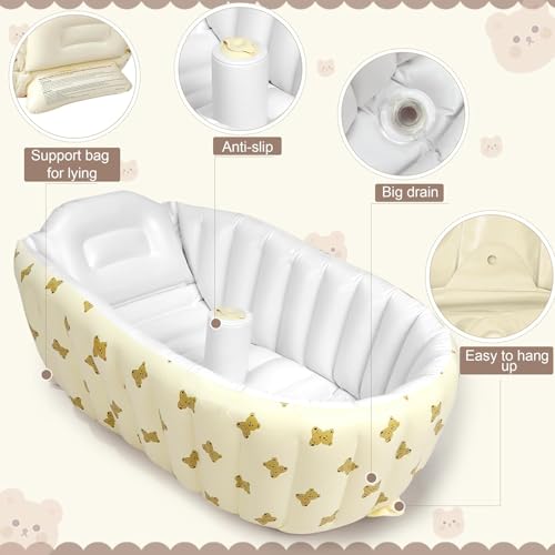 Image of HSR Inflatable Baby Bathtub with Built-in Air Pump, Newborn to Toddler Bath Tub 0-36 Months, Portable Travel Shower Basin with Back Support, Deflates and Folds Easily (0-36 Months)