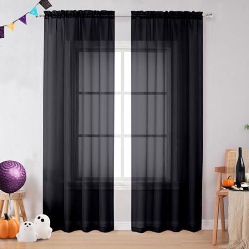 Image of OVZME 2 Pieces Black Sheer Curtains 96 inch Inch Long for Living Room, Top Rod Pocket Voile Lightweight and Airy Drapes Window Treatment, 2 Panels= 84 inch W, Each 42 inch W x 96 inchL