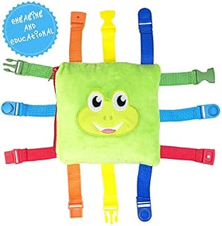 Frog Plush Toddler Puzzle Toy - Sensory Busy Board Pillow - Soft Play Education Activity Toy for 1 - 3 Year Old Kids - Boys & Girls Baby Buckle - Improve Motor Skills, Fidget/ Fiddle Travel Game.