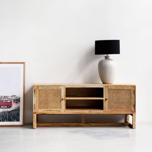 Image of Solid Wooden TV Stand with Rattan Doors, Entertainment Centre with Open Shelves, Natural Solid Wood 140cm Depth: 45cm Height: 60cm