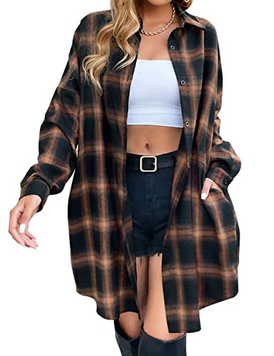 Bozanly Women's Oversized Button Down Long Plaid Flannel Shirts Lapel Long Sleeve Check Jacket Shacket
