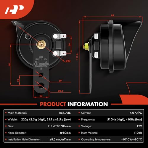 A-Premium Dual Snail Horn High Low Universal Electric Horns - 12V 110dB - Compatible with most Passenger Cars, Commercial/Off-Road Vehicles, Gas Cars, Electric Cars, Motorcycles & Trucks, 80 mm by A-Premium - Image 3