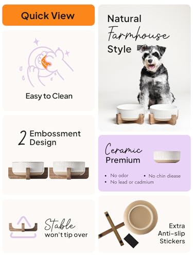 LE TAUCI PET Ceramic Dog Bowls for Medium Small Dogs - 4 Cup Medium Dog Food and Water Bowls with Wood Stand, Cute Pet Dishes Set of 2, Lines+Dot - Image 5