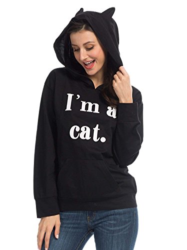 PERSUN Women's Black Cat Ear Hoodie Iâ€™m a cat Letter Print Cute Juniors Hooded Sweatshirt