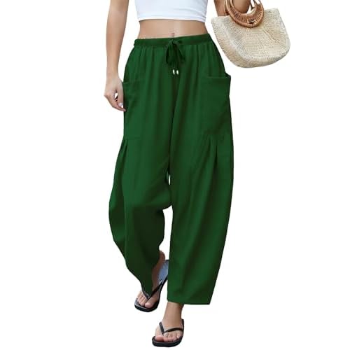 LOMON Womens Wide Leg Linen Pants Casual Drawstring Palazzo Harem Pants Summer Loose Beach Travel Vacation Pants with Pockets