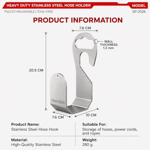 Image of Herrlich Homes 304 Stainless Steel Garden Hose Holder | Wall Mounted Hose Pipe Hanger with Hand Grip | Heavy Duty Rustproof Hose Organizer