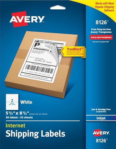 Image of Avery Half-Sheet Printable Shipping Labels, 5.5 inch x 8.5 inch Customizable Stickers, White, 50 Blank Mailing Labels, Great for Mailing, Shipping, Organizing, and More (8126)