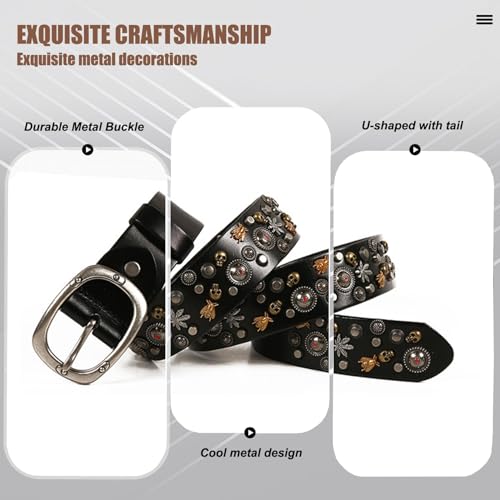 Men's Punk Genuine Leather Belts, Studded Leather Skull Belt Vintage Punk Rock Rivets Belt with Bee Rivet for Women Men Jeans3