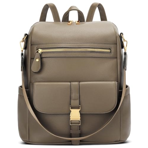 Image of KKXIU Backpack Purse for Women - Multi-pocket Leather backpack for Travel, Work & School with Anti-Theft Lock Pocket, Luggage Strap & Water Bottle Pockets - 13x14x5.2 Inch, 1.67lb (Khaki)
