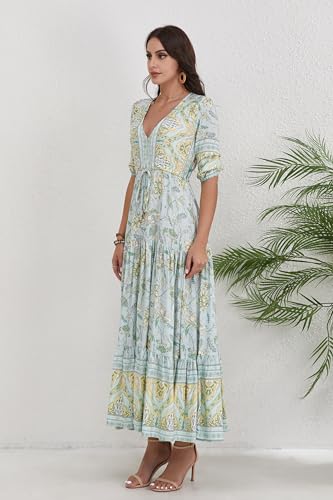Image of Women Short Sleeve V Neck Floral Print Casual Bohemian Maxi Dresses