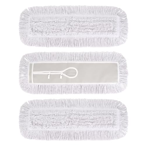 Image of 24 Inch Dust Mop Head: Replacement Medium Washable Commercial Mop Head Sweeper and Janitorial Replacement with Botton (White - 24 Inch, 3 Pack, Botton)