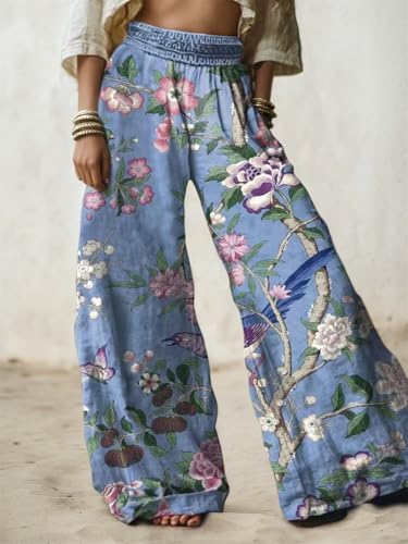 Linen Pants for Women Wide Leg High Elastic Waist Palazzo Pants Floral Summer Flowy Trousers with Pockets2