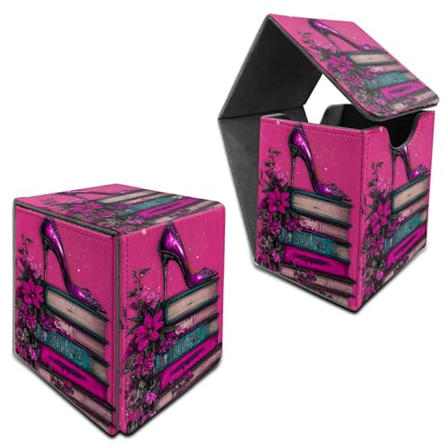 RWUTYTIUL for MTG Commander Deck Box, Card Storage Box Fits 100+ Sleeved Cards, PU Leather Large Size Strong Magnet Card Deck Case Holder for Board Game Magic MTG TCG CCG, Pink High Heels