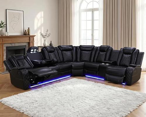 Ocstta Power Recliner Sectional Couch for Living Room, Breathing Leather Reclining Sectional Sofa, 6 Seat L Shaped Reclining Couch with LED Lighting/Cup Holders/Strorage/USB Port (Black)