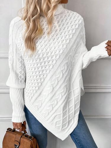 Image of MakeMeChic Women's Turtleneck Cable Knit Poncho Sweater Asymmetrical Long Sleeve Pullover Top White Large
