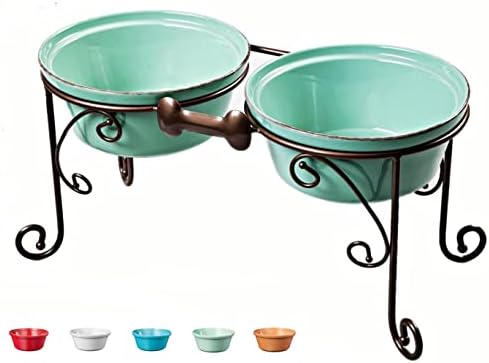 BestVida Sparks Elevated Dog Bowl Stand Includes Two Premium Stoneware Dog Bowls (Large, Green)
