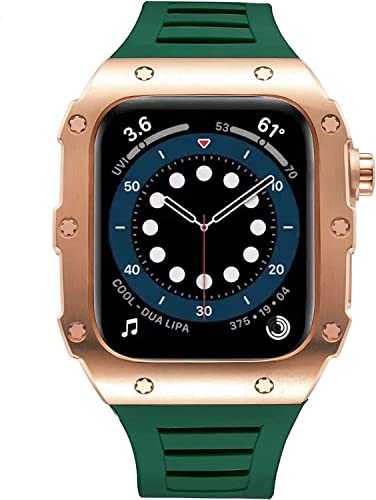 NIBYQ Stainless Steel Watch Case，For Apple Watch Band Series 8 7 6 SE 5, Mod Kit 45mm 44mm Metal Case Rubber Watch Strap Tactical Full Protection for Men (Color : GrRG, Size : 44mm For 6/5/4/SE)