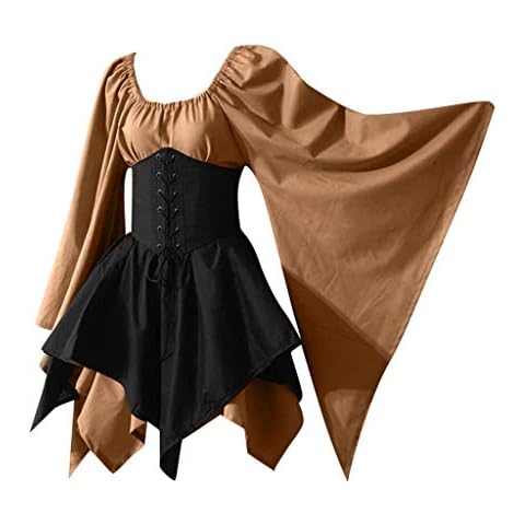 FULKAN Womens Renaissance Medieval Costume Plus Size Vintage Gothic Long Trumpet Sleeve Traditional Irish Mini Corset Dress Victorian Retro Gown Halloween Clothes for Cosplay Party Cover