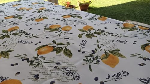 Pago Poco Mantel redondo antimanchas con estampado de limones, hojas y olivo, 100 % impermeable, no necesita planchado, fabricado en Italia (Rotonda, 160 unidades)