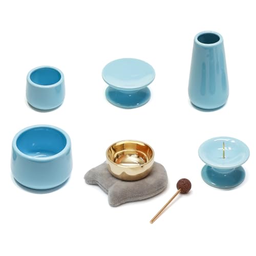 MimoriHive ペット 仏具 五具足 おりんセット 猫 犬 顔 布製台座 鏡面仕上げ 真鍮製 おりん 陶器 仏壇 手元供養 メモリアル 8点セット ブルー (グレー)