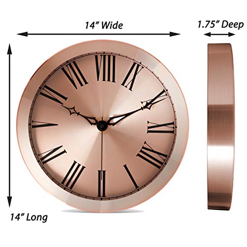 Bernhard Products Copper Wall Clock Large 14 Inch Metal Silent Non Ticking Quartz Battery Operated Clocks Decorative Roman Numerals For Home Living Room Bedroom Dining Room Office Decor #TOP6