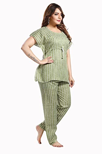 Image of Fabme Women's Cotton Printed Kaftan and Pyjama Set - Green Cream