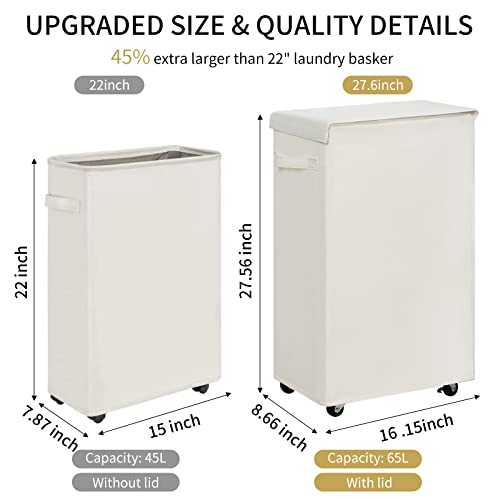 Chrislley 65L Slim Laundry Hamper With Lid Narrow Rolling Laundry Basket With Wheels Upgrade Foldable Dirty Clothes Hamper Portable Skinny Hamper Storage Bins (27.56 Inches, Beige) #TOP1