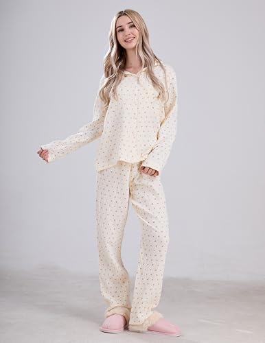 Image of codcm Womens Cotton Gauze Pajama Set Long Sleeve Button Up Shirt and Pants 2 Piece Cute Printed Pj Set