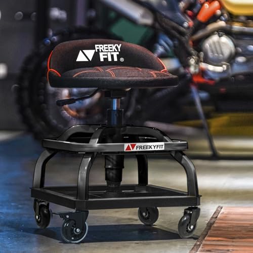 Image of Rolling Shop Stool with Wheels, Garage Work Mechanic Stool with Backrest, Roller Mechanic Chair, Adjustable Height, 360 Swivel, Tool Tray Storage, 330 LBS Capacity, Heavy Duty, Black
