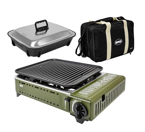 Amig - Camping Gas | Cocina Portatil | Kit Hornillo Grill - Parrilla Fundicion Aluminio + Plancha Con Tapa Cocción | Con Bandeja Recoge Grasas De Acero Inoxidable | 1,8 Kw Potencia