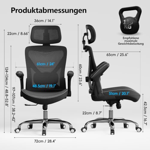 TRALT Bürostuhl - Ergonomischer Bürostuhl mit Verstellbare Lordosenstütze Kopfstütze Office Desk Chair - Gaming Stuhl in X-Form Büro Stuhl… – Ansicht 3