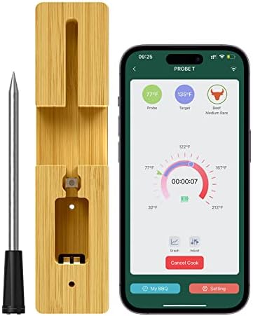 Wireless Meat Thermometer, Food Thermometer with 165ft Wireless Range, Smart APP Control, Charging Dock, USB C Charging Cable, Kitchen Thermometer for Oven, Grill, BBQ, Smoker, Rotisserie