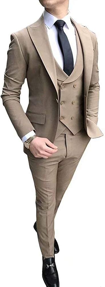 Ulnomio Men's Three Piece Suit Classic Fit Peak Lapel One Button Business Wedding Party Jacket & Vest & Pants