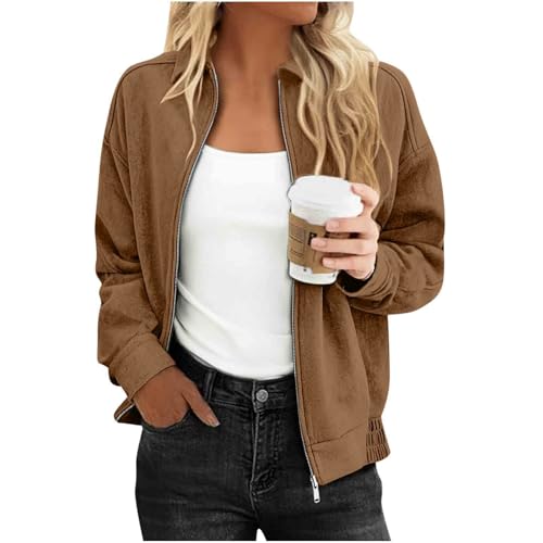 Bomber Jacket Women Trendy Casual Zip Up Faux Suede Jackets Lightweight Long Sleeve Outwear Coat Fall Work Clothes2