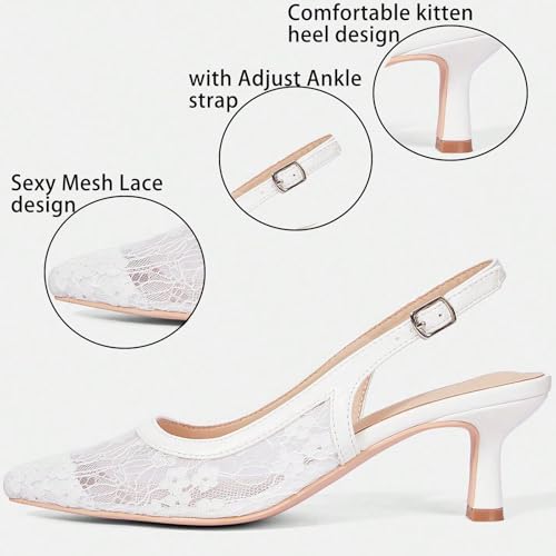 Women's Mesh Lace embroidery Kitten Heel Slingback Pumps with Adjust Ankle strap Summer Sexy Backless Low heel Closed Pointed Toe Sandals for Party Prom Wedding Bridal Evening3