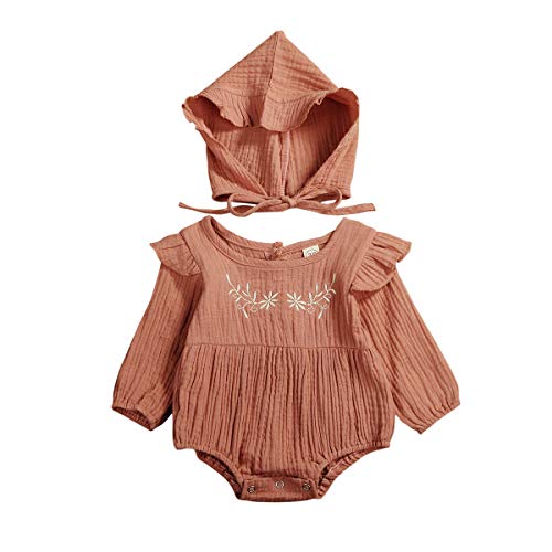 Newborn Baby Girl Romper Jumpsuit Cotton Ruffled Bodysuit Infant Autumn Solid Color Clothes Outfits with Hat (0-6 Months, Brick Red)