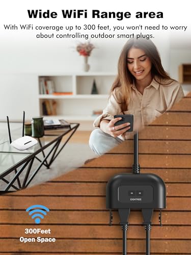 Image of EIGHTREE Outdoor Smart Plug Waterproof IP44, 2 Pack, Smart Outlet Plug with 2 Independently Controlled Outlets, Compatible with Alexa and Google Assistant, Voice& Remote Control, Timer, 2.4GHz