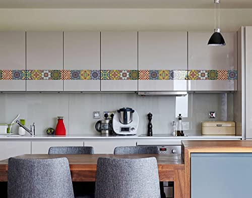 Image of WallDesign Spanish Glaze Tile Sticker - 30 Self - Adhesive Stickers For Cupboard, Panel, Cabinet, Furniture, Table, Glass, Wall - 4 In X 10 Ft Border, 304.8 Cm-Self-Adhesive