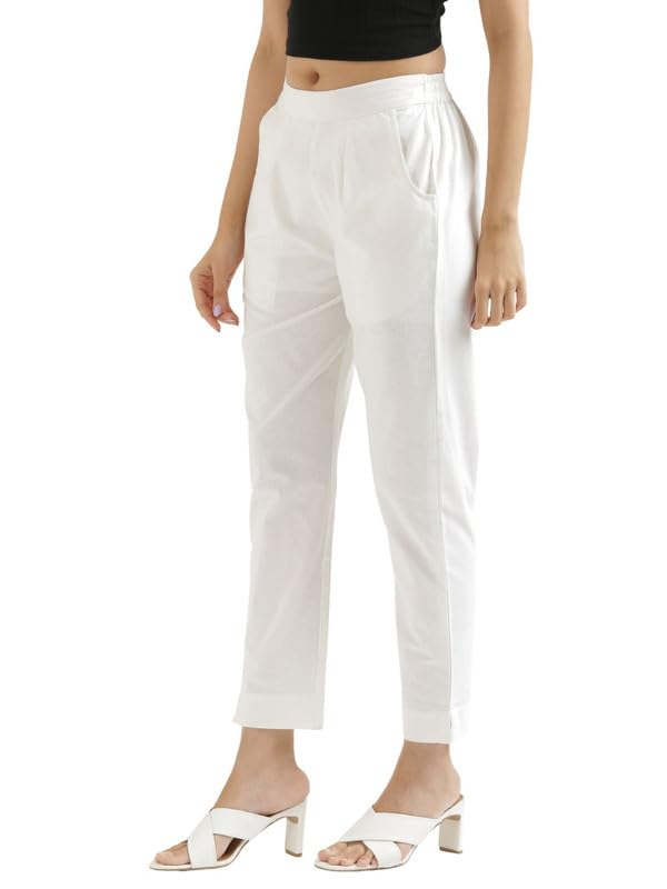 Image of SAADAA Pack of 2 Women's Cotton Pants | Regular Fit Mid-Rise Comfortable Trousers with Pockets | Casual