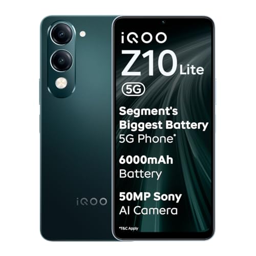 iQOO Z10 Lite 5G (Cyber Green, 6GB RAM, 128GB Storage) | 6000 mAh Battery | Dimensity 6300 5G Processor with 433K+* AnTuTu Score | IP64 Rated & Milita