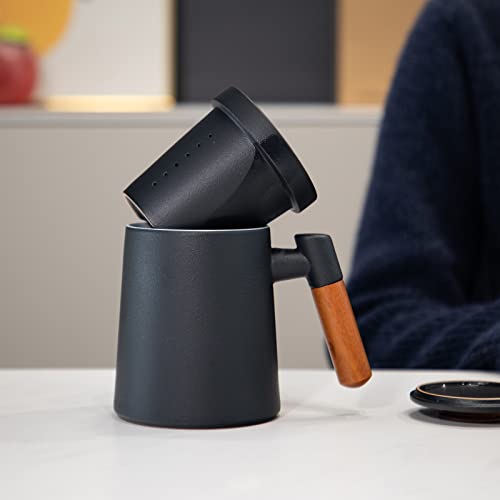 Heer Ceramic Tea Cup With Infuser And Lid For Steeping Loose Leaf Tea, Infusion Tea Mug With Extended Wooden Handle, Frosted Glazed Coffee Teacup For Home Office. 400Ml/13.5Oz. (Black) #TOP3