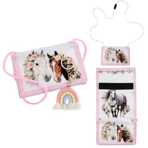 MHwan Brustbeutel Kinder, Wunderschöner Pferde Portmonee Kinder mit Sicherheitsschnalle Gegen Ersticken und 7 Unabhängigen Aufbewahrungsfächern, Einschulung und Geburtstagsgeschenk für Pferde Mädchen
