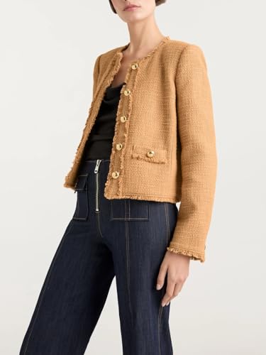 Women's Fall Tweed Blazer Jackets Elegant Button Down Fringed Tassel Cropped Jacket Coat Tops4