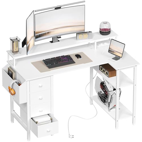 Yaheetech Escritorio L con 4 Cajones, 120x68cm Mesa Escritorio Gaming en L con Soporte para Monitor, 2 Enchufes y 2 Puertos USB, Escritorio Esquina Reversible Trabajo y Juegos, para Oficina, Blanco