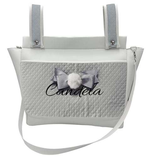 various Bolso Carro Bebe Polipiel Pañalera Organizador Personalizado con Nombre Bordado Bolsa Maternidad Bolso Hospital Bebé con asa larga para colgar (Blanco/Gris)