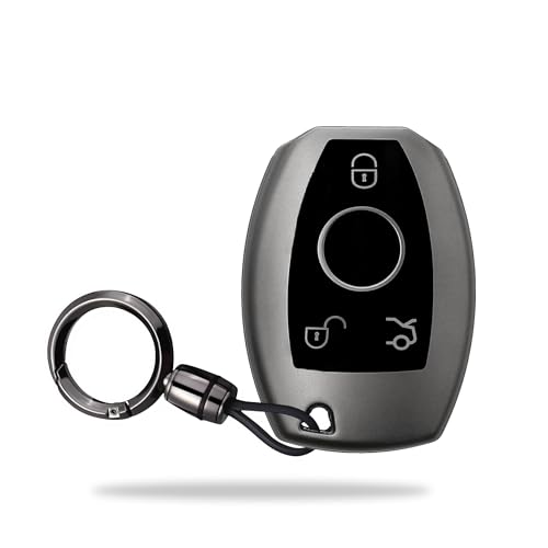Image of SIAGO TPU Key Cover and Round Key Chain Compatible with Mercedes Benz C E M S CLS CLK GLK GLC G Class 3 Button Flip Key (Grey)