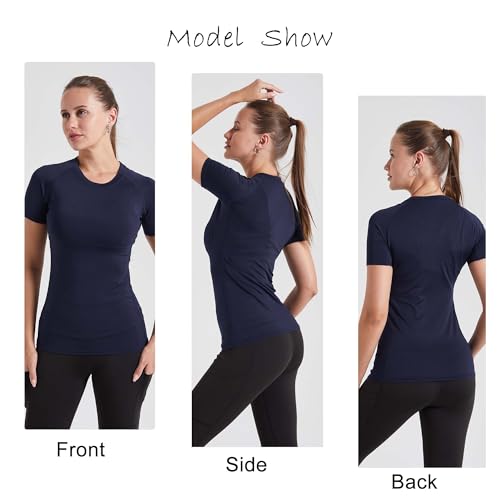 YUSHOW 3er Pack Kompressionsshirt Damen Kurzarm - Blickdichtes Sportshirt Set für Gym & Yoga - Atmungsaktives Funktionsshirt mit 4-Way-Stretch