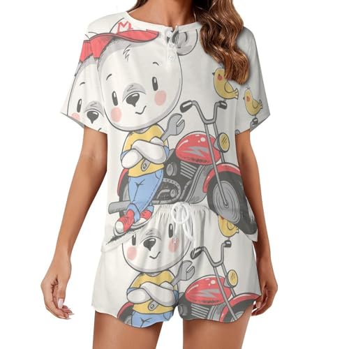 Pyjama femme manches courtes ours moto | Vêtement de nuit été doux
