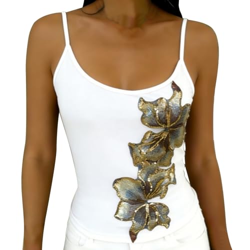 Women's Black Spaghetti Strap Top: Silver Sequin Sleeveless Tank Top Polyester & Clubwear Camisole (White, L)