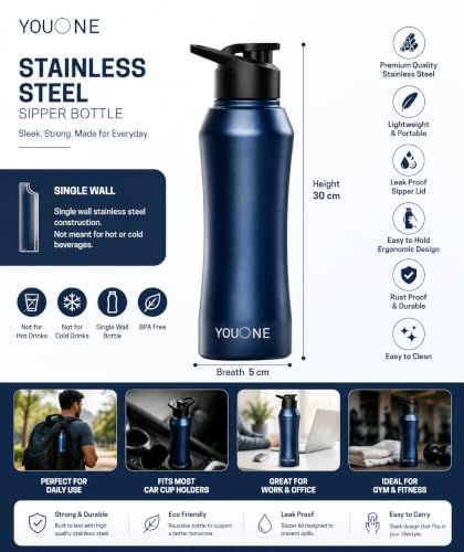 Image of YOUONE Stainless Steel 1000 ML Water Bottle /Thunder for fridge /School /Outdoor /Gym /Home /office /Boys /Girls /Kids, Leak Proof And BPA Free (Blue)